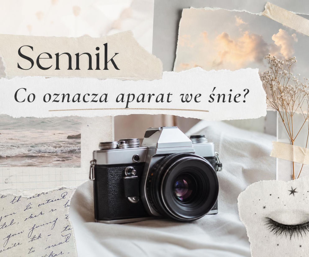 Lustrzanka na jasnym materiale obok zdjęć morza i nieba. O znaczeniu snu o aparacie przeczytasz na SE.
