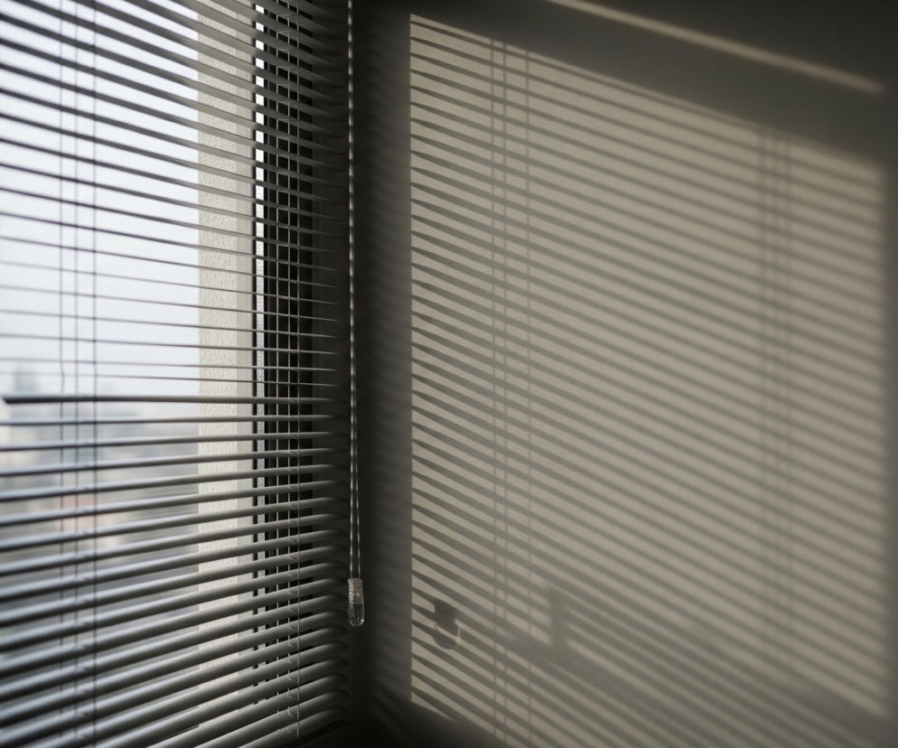 Lewa strona kadru przedstawia okno z poziomymi żaluzjami o cienkich, metalicznych lamelach w kolorze szarym. Przez lamelki widać niewyraźny zarys zewnętrznego krajobrazu oraz ramy okna z klamką po lewej stronie. Po prawej stronie, na beżowej ścianie, widoczne są cienie rzucane przez żaluzje, tworzące równoległe, ukośne pasy ciemniejszego koloru. Obok żaluzji wisi przezroczysty, cylindryczny uchwyt do ich regulacji.
