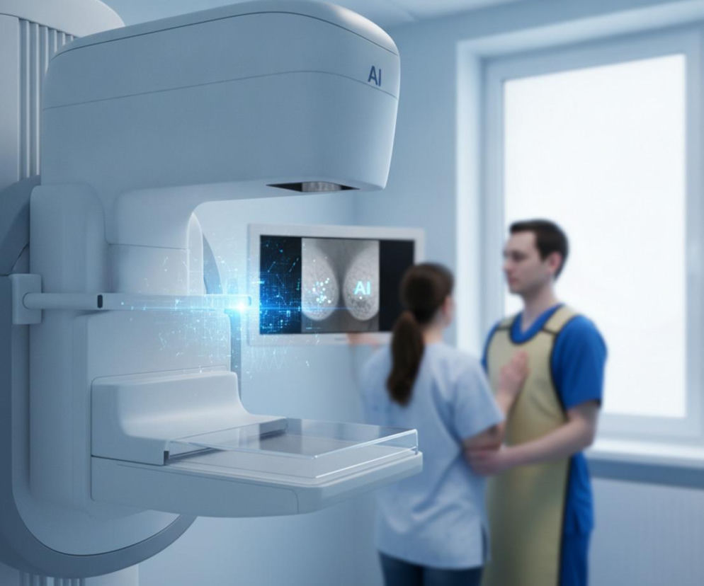 Urządzenie do mammografii z widocznym symbolem AI, obrazujące rewolucyjne zastosowanie sztucznej inteligencji w diagnostyce raka piersi, co umożliwia wczesne wykrycie choroby. Na tle widać pacjenta i personel medyczny, co symbolizuje nadzieję na szybsze interwencje. Więcej o tym na Poradnik Zdrowie.