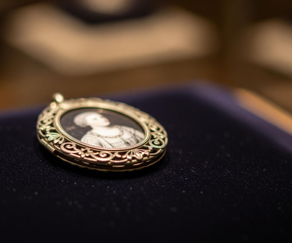 Owalny, zdobiony medalion w kolorze złotym leży na ciemnofioletowym, aksamitnym podłożu. Wewnątrz medalionu znajduje się czarno-biała miniatura portretu kobiety, ukazanej od klatki piersiowej w górę, ubranej w elegancką, zdobioną suknię z naszyjnikiem. Drobne, jaśniejsze punkty na aksamitnej tkaninie sugerują obecność kurzu lub odbicia światła. Tło jest rozmyte, utrzymane w ciepłych, brązowo-złotych tonach.