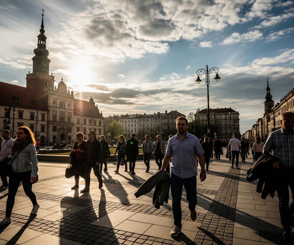 Scena przedstawia tłum ludzi przechadzających się po rozległym brukowanym placu miejskim w promieniach zachodzącego słońca. Dominującym elementem kompozycji jest wysoka, zabytkowa wieża kościelna z zegarami, usytuowana po lewej stronie kadru, obok starszej kamienicy z czerwonym dachem. Po prawej stronie widać ciąg długich, kilkupiętrowych budynków o jasnych fasadach i licznych oknach, z rzędem ulicznych latarni. Niebo jest częściowo zachmurzone, z wyraźnie widocznym słońcem w lewej górnej części, które rzuca długie cienie od postaci i obiektów na chodnik, tworząc silne kontrasty światłocieni.