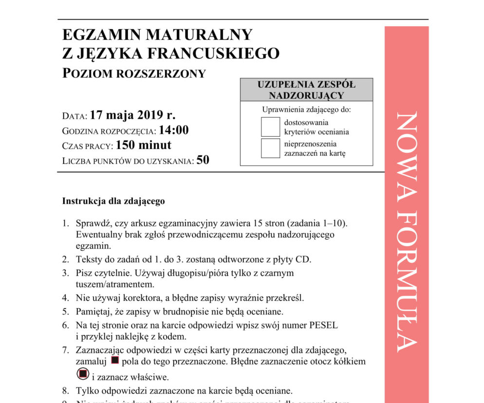 ARKUSZE CKE - Matura francuski - poziom rozszerzony 2019