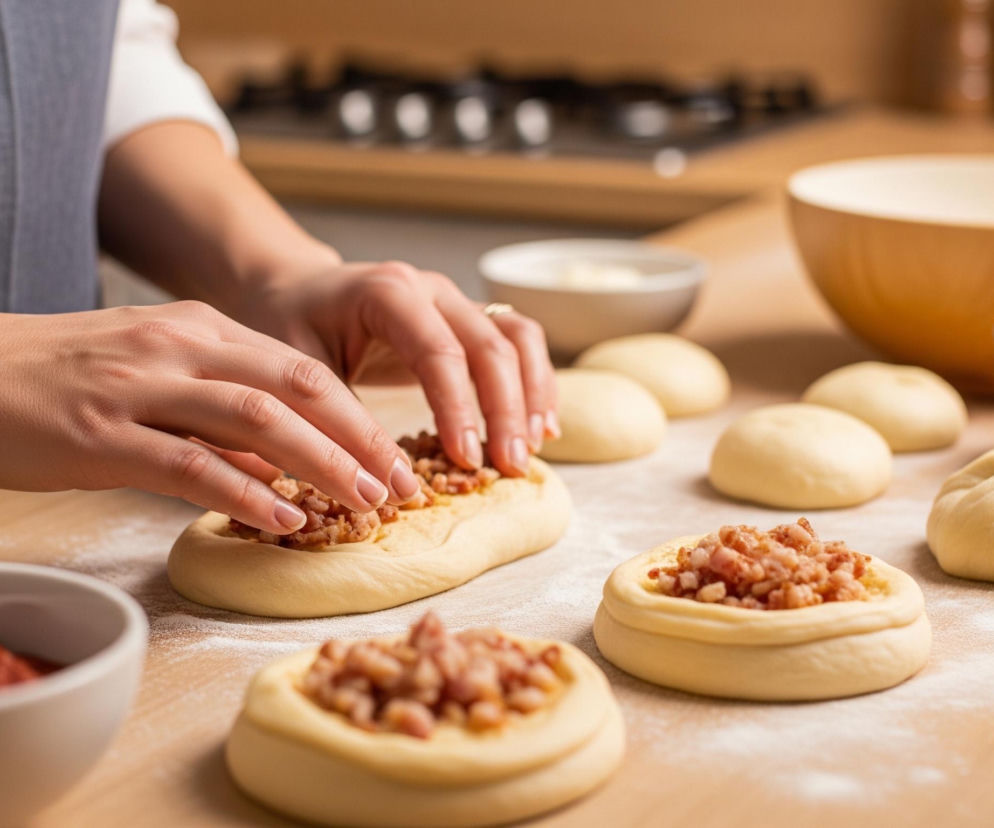 Dwie kobiece dłonie w fartuchu w kolorze ciemnoszarym, wypełniają podłużne kawałki jasnego ciasta drożdżowego brązowym farszem mięsnym. Na jasnym, drewnianym blacie kuchennym, pokrytym miejscami białym pudrem, prawdopodobnie mąką, leży sześć kulistych porcji surowego ciasta oraz trzy gotowe do pieczenia bułeczki z farszem mięsnym. Na blacie widoczne są również trzy miski: jedna duża, pusta, w kolorze jasnobrązowym, jedna szklana, wypełniona farszem mięsnym, oraz jedna biała, z czerwoną pastą lub sosem pomidorowym. W tle, częściowo rozmyte, widać fragment kuchni z płytą grzewczą i szafkami.