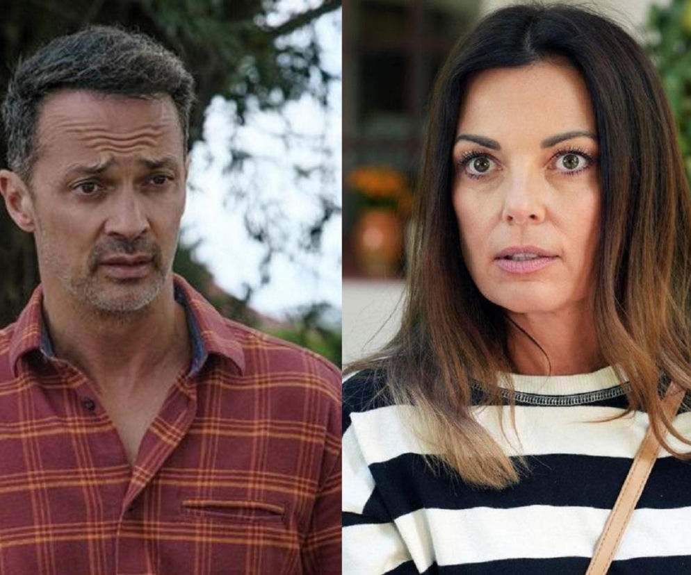 Mariusz (Mariusz Krzemiński) w czerwonej koszuli w kratę i Kasia (Katarzyna Glinka) w biało-czarnym swetrze, oboje z zaniepokojonymi wyrazami twarzy. Zdjęcie ilustruje odcinek serialu Barwy szczęścia, a więcej o nim znajdziesz na Super Seriale.