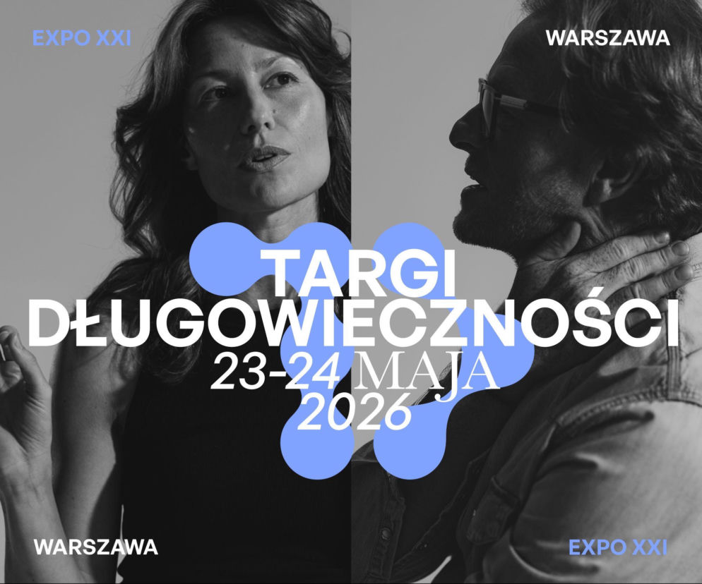 Portret kobiety i mężczyzny w czarno-białej stylistyce, z elementami graficznymi w kolorze niebieskim z napisem Targi Długowieczności 23-24 maja 2026, promujący wydarzenie w Warszawie. Więcej o targach na Poradnik Zdrowie.