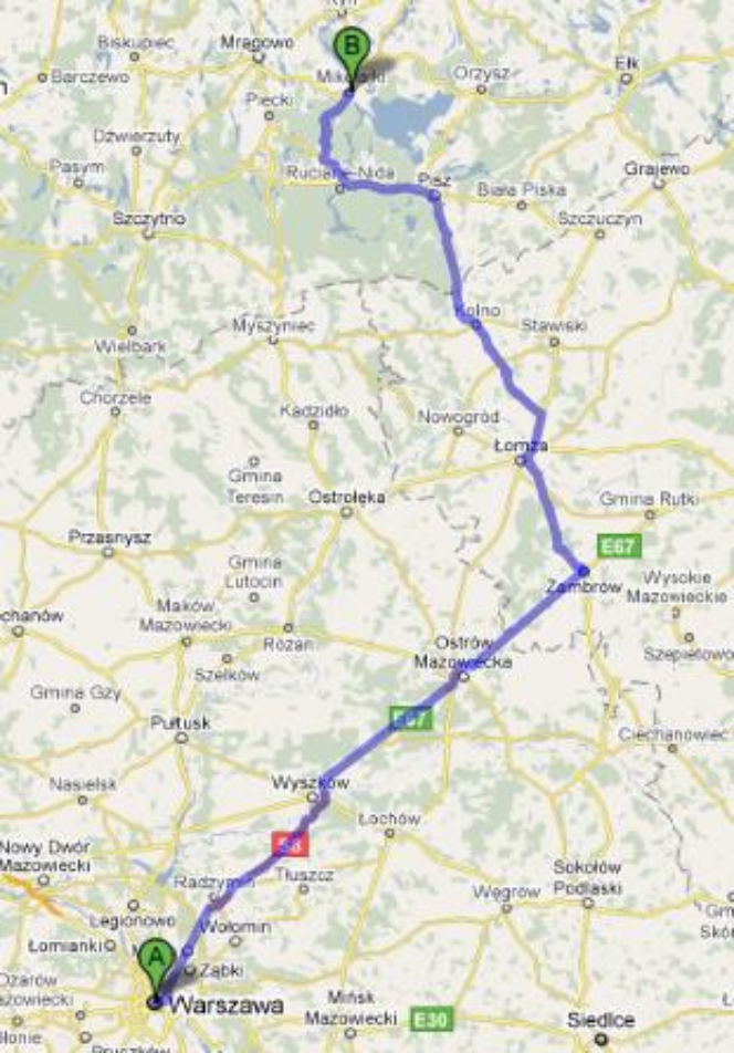 Trasa E67 i 63 Warszawa-Mikołajki - mapka