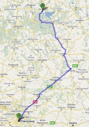 Trasa E67 i 63 Warszawa-Mikołajki - mapka