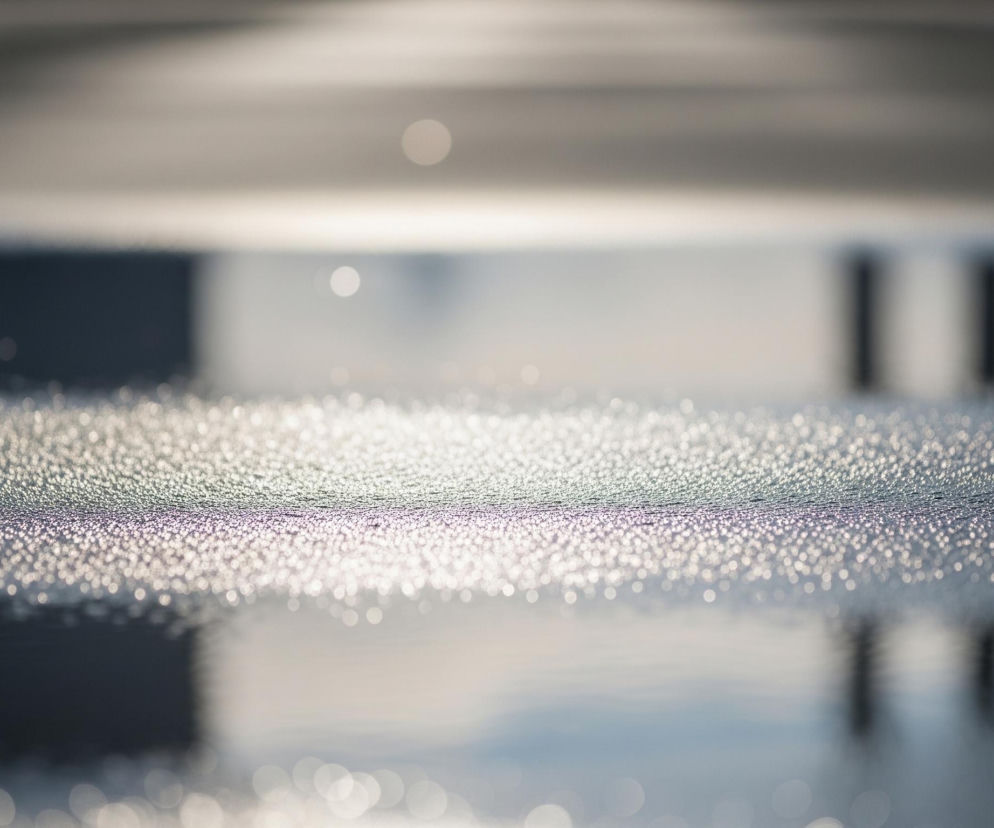 Centralna część obrazu przedstawia rozległą powierzchnię pokrytą licznymi, drobnymi kropelkami, które odbijają światło, tworząc efekt bokeh o bieli i fioletowym odcieniu. Poniżej tej świetlistej linii widoczne są rozmyte odbicia w wodzie, w tym ciemne, prostokątne kształty po lewej stronie oraz rzędy pionowych linii po prawej, na tle jasnego, zamazanego horyzontu. Górna część obrazu to odwrócone odbicie dolnych elementów, również nieostre, z ciemnym, poziomym pasem i drobnymi, jasnymi punktami. Całość utrzymana jest w chłodnej palecie barw, dominują szarości, biele i delikatne fiolety, z silnym efektem rozmycia poza centralną częścią.