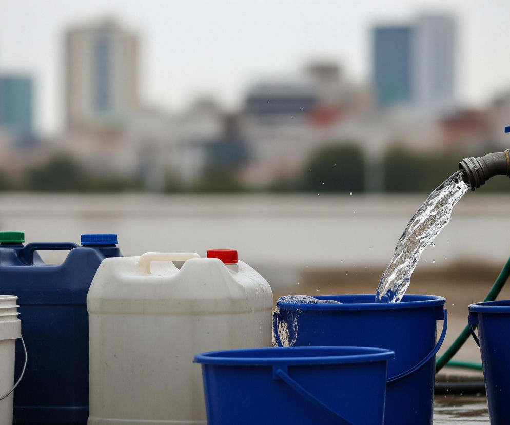 Strumień wody wylewa się z metalowego kranu z niebieską rączką, zamocowanego do pionowego, metalowego zbiornika, i wpada do ciemnoniebieskiego wiadra. Obok tego wiadra, na pierwszym planie, stoi kolejne mniejsze, puste niebieskie wiadro, a także kilka plastikowych pojemników w kolorach niebieskim, granatowym i białym, z zamkniętymi czerwonymi, zielonymi lub niebieskimi zakrętkami. Tło stanowi rozmyta panorama miasta z niewyraźnymi budynkami.