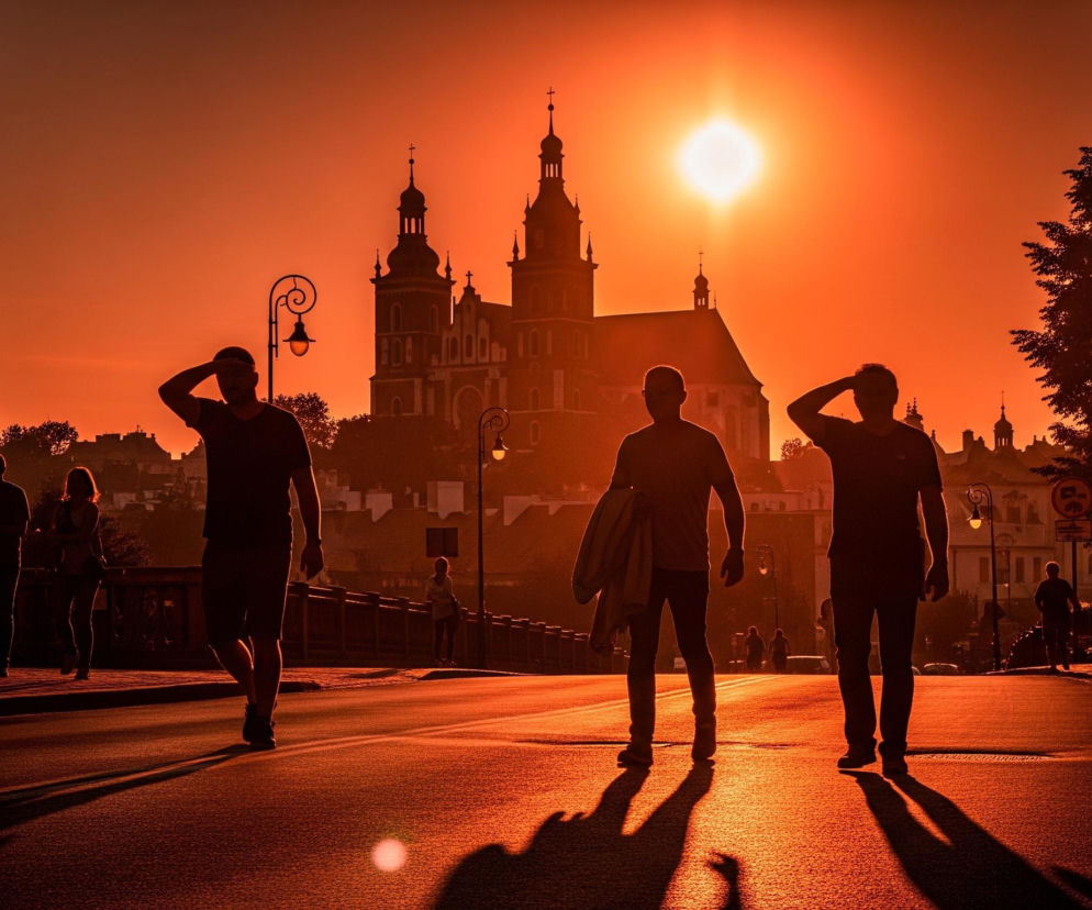Trzech ludzi w sylwetkach idzie ulicą w kierunku zachodzącego słońca, które dominuje nad horyzontem, tworząc intensywny, pomarańczowo-czerwony odcień nieba. Osoba po lewej stronie ma rękę przy czole, zasłaniając się od promieni słońca, podobnie jak osoba po prawej, podczas gdy środkowa osoba stoi z ramieniem opuszczonym, trzymając coś przypominającego złożoną tkaninę. W tle widoczny jest masywny budynek z wieloma wieżami i spiczastymi dachami, również w ciemnej sylwetce, a po obu stronach ulicy stoją zabytkowe budynki i latarnie, rzucając długie cienie na rozświetloną drogę.