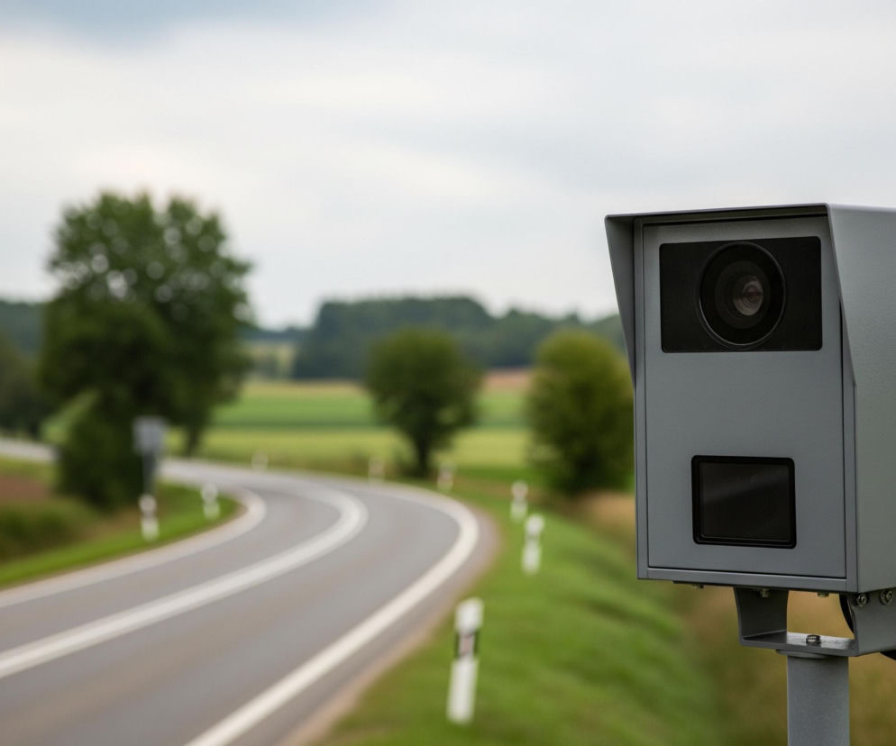 Szara, prostokątna skrzynka z obiektywem i mniejszym czarnym prostokątem poniżej, umieszczona na słupie, znajduje się na pierwszym planie po prawej stronie. Za nią rozciąga się kręta asfaltowa droga z dwoma białymi liniami, wijąca się przez pagórkowaty krajobraz. Po obu stronach drogi widoczne są zielone pola, w oddali widnieją drzewa oraz gęsty las pod zachmurzonym, jasnoszarym niebem. Biało-czarne słupki drogowe rozmieszczone są wzdłuż pobocza drogi.
