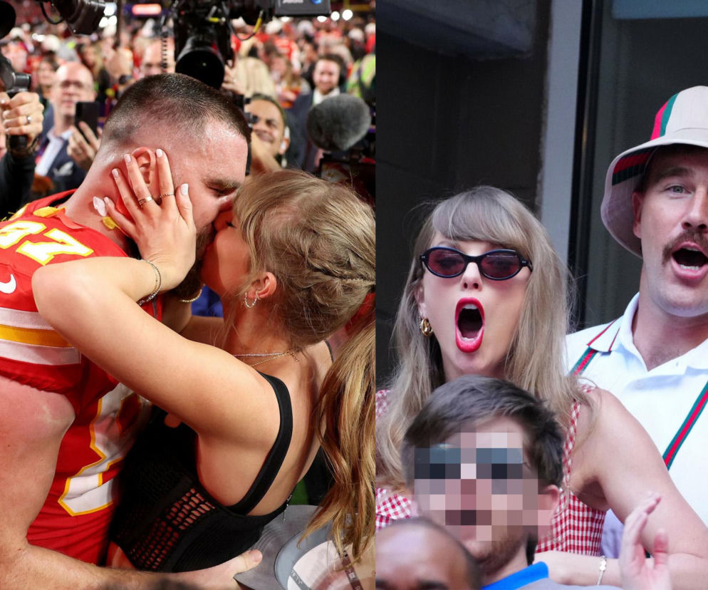 Całująca się para: Taylor Swift i Travis Kelce. Obok nich zdjęcie radosnej pary. O ich ślubie przeczytasz w Eska.
