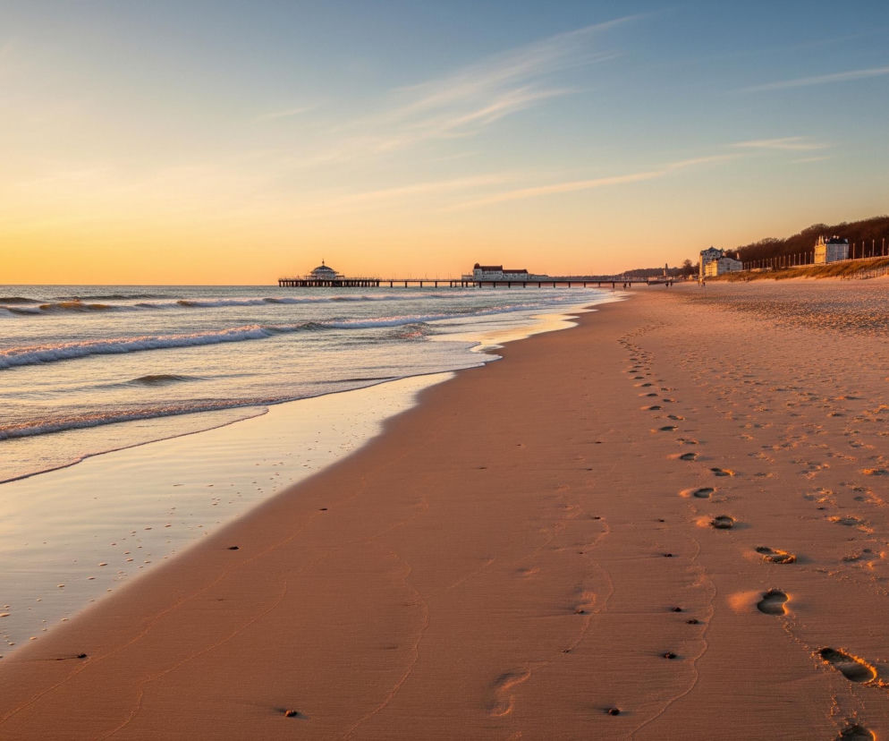 Piaszczysta plaża, częściowo zalewana przez fale, rozciąga się wzdłuż brzegu, z licznymi śladami stóp widocznymi na piasku po prawej stronie. Horyzont przecina długie molo z budynkami na jego końcu, a za nim widać linię zabudowy składającą się z jasnych willi i hotelu. Złocisty blask zachodzącego słońca dominuje na niebie po lewej stronie, stopniowo przechodząc w błękit po prawej, z delikatnymi, rozciągniętymi chmurami.