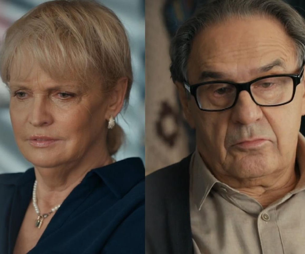 Portrety Małgorzaty (Adrianna Biedrzyńska) w granatowej koszuli z perłowym naszyjnikiem oraz Jerzego (Bronisław Wrocławski) w beżowej koszuli i okularach. Oboje mają poważne miny, co odzwierciedla dramatyczne wydarzenia z serialu Barwy szczęścia, o których można przeczytać na Super Seriale.