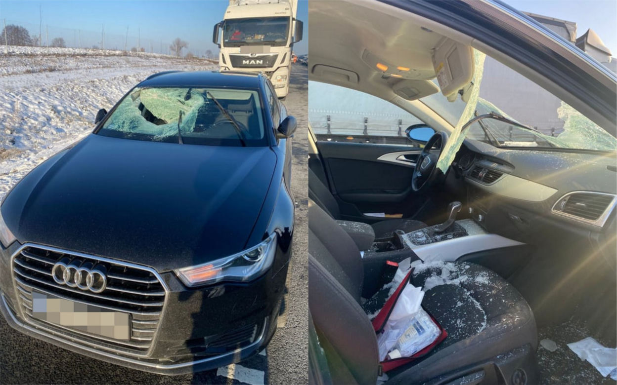 Dramat na trasie S5. Tafla lodu spadła na auto. Ranna kobieta [ZDJĘCIA]