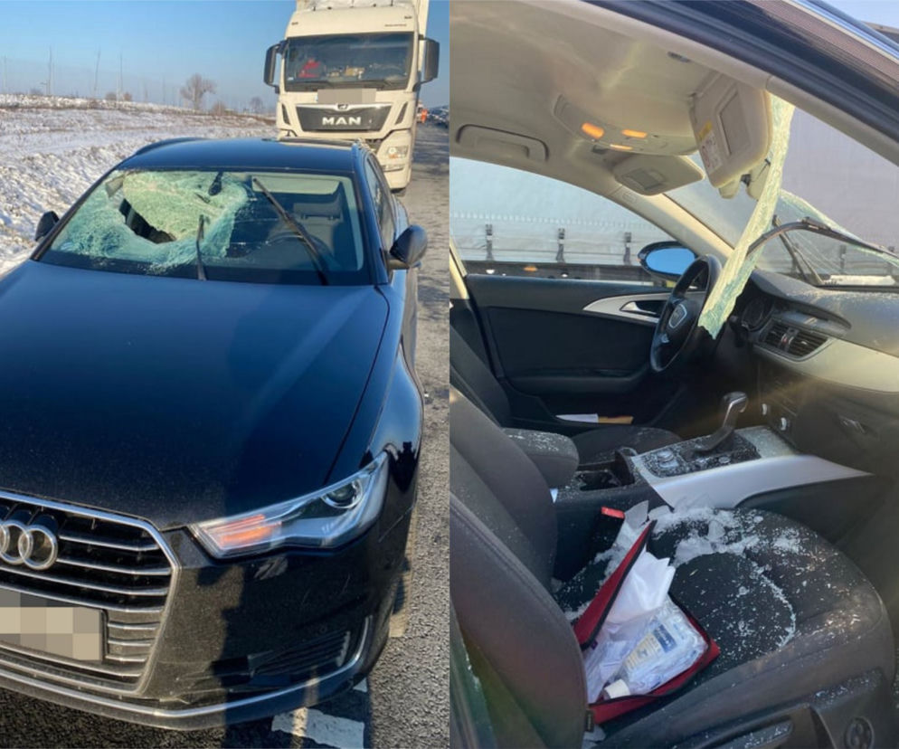 Dramat na trasie S5. Tafla lodu spadła na auto. Ranna kobieta [ZDJĘCIA]