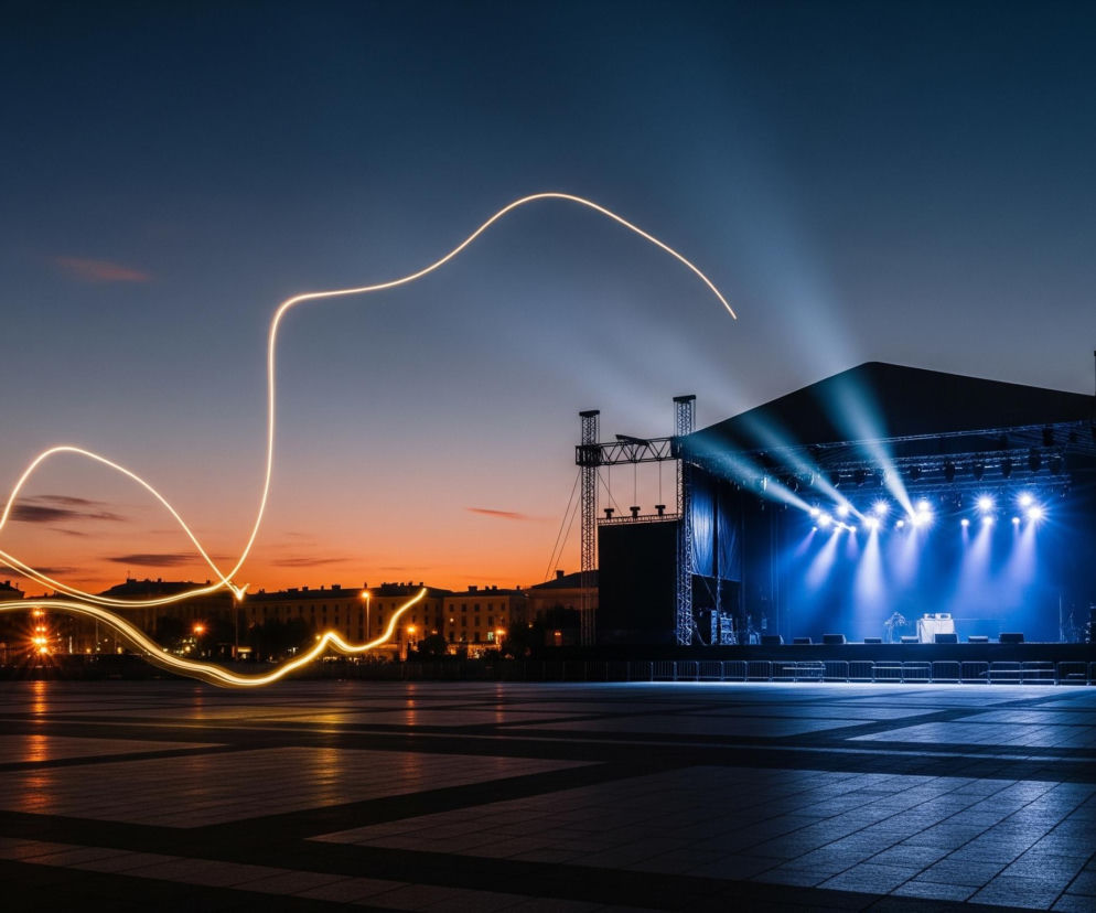 W prawym centrum obrazu znajduje się duża scena muzyczna, oświetlona silnymi, niebieskimi promieniami reflektorów skierowanych w kierunku publiczności. Konstrukcja sceny wykonana jest z metalowych kratownic, a jej dach jest ciemny i spadzisty. Przed sceną widoczny jest rząd metalowych barierek, oddzielających ją od rozległego, pustego placu wyłożonego ciemnymi płytami o regularnym wzorze.

Niebo po lewej stronie obrazu ma ciepłe, pomarańczowo-różowe odcienie zachodu słońca, przechodzące w ciemny granat w górnej części kadru. Przez niebo i nad budynkami po lewej stronie przebiega długi, jasny, falisty smug światła, będący efektem długiej ekspozycji. W tle, po obu stronach sceny, widać zarysy miejskich budynków z rozświetlonymi oknami.