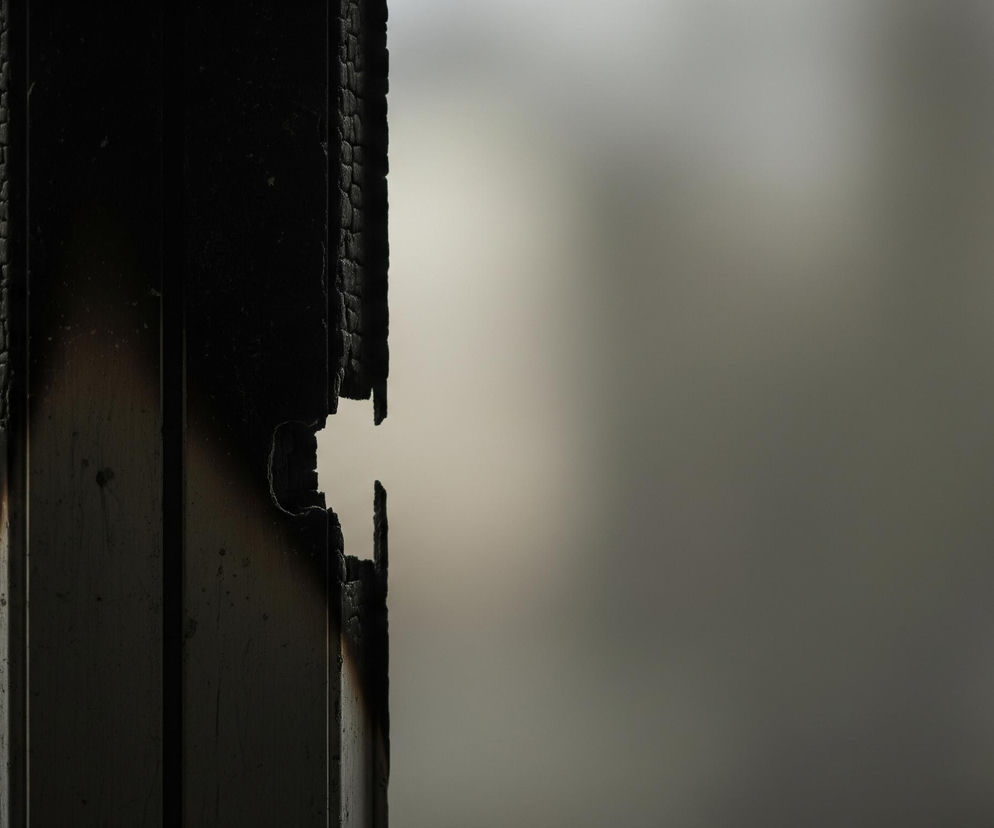 Centralnie znajduje się pionowy, zwęglony element, prawdopodobnie fragment ramy lub belki, o ciemnych, nieregularnych krawędziach i poszarpanej fakturze przypominającej spaloną korę. Po lewej stronie tego elementu widać jaśniejsze, częściowo rozmyte tło w odcieniach szarości, podczas gdy po prawej stronie elementu tło jest bardziej ciemne i rozmyte. Na lewej krawędzi zwęglonego elementu widoczne są drobne pęknięcia i chropowatości.