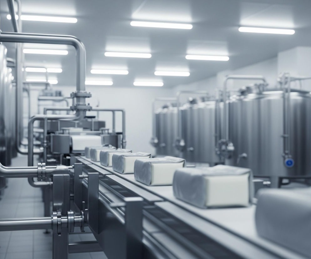 Wnętrze przemysłowej hali z linią produkcyjną ukazuje szereg błyszczących, srebrnych zbiorników ze stali nierdzewnej, ułożonych w rzędach, z rurami i zaworami biegnącymi wzdłuż ścian i sufitu. Na środku obrazu, wzdłuż osi centralnej, znajduje się taśmociąg transportujący białe, prostokątne produkty, zapakowane w szare, połyskujące folie, które przesuwają się od prawej do lewej strony. Pomieszczenie oświetlone jest długimi, prostokątnymi lampami jarzeniowymi, rozmieszczonymi równomiernie na jasnym suficie, rzucającymi silne, białe światło na całą scenę. Cała kompozycja utrzymana jest w chłodnych odcieniach szarości i bieli, co podkreśla sterylny i nowoczesny charakter środowiska przemysłowego.