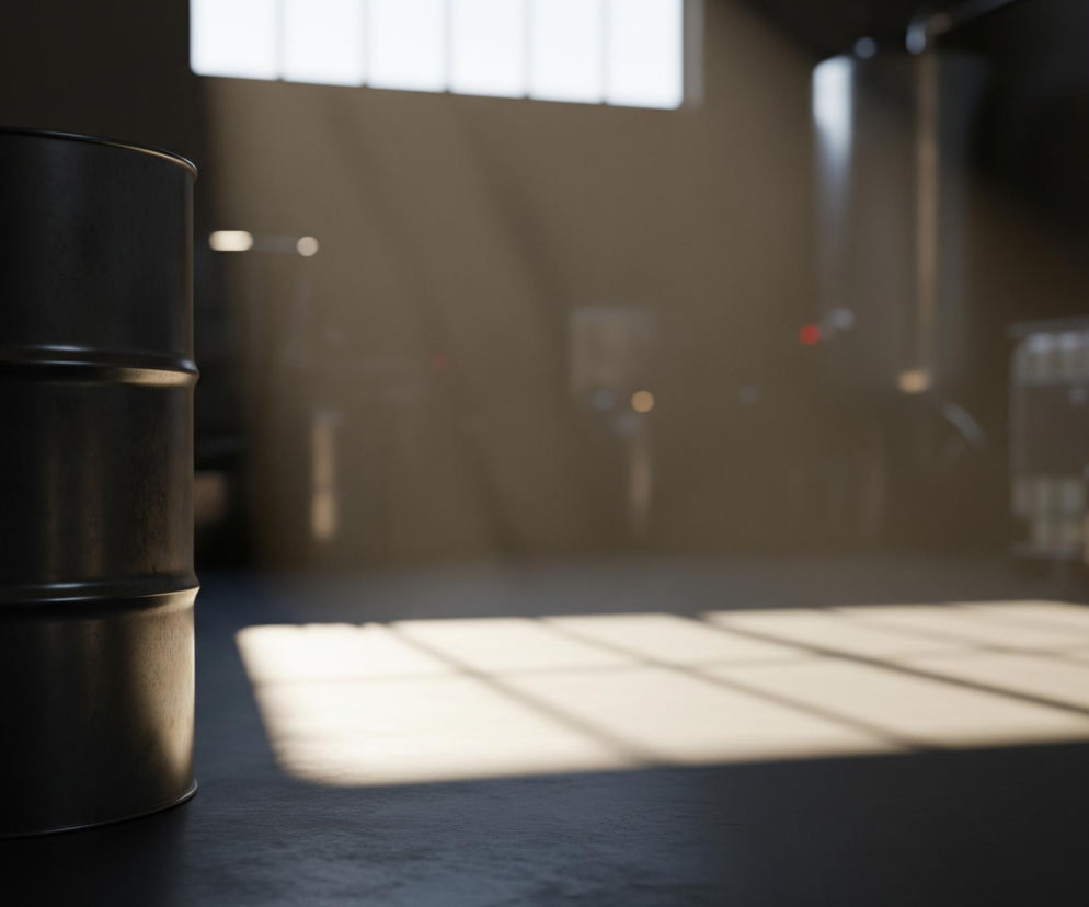 Na pierwszym planie, z lewej strony, stoi pionowo ciemnoszara beczka z widocznymi poziomymi przetłoczeniami. Na jej powierzchni miejscami widać delikatne smugi światła, zwłaszcza na krawędziach. Podłoga w pomieszczeniu jest ciemnoszara, a na niej rozciąga się duża, jasna smuga światła z wyraźnymi cieniami tworzącymi wzór kraty, sugerujący obecność okna. W tle, częściowo rozmazane, znajdują się inne obiekty, w tym duże zbiorniki, opakowania i inne elementy wyposażenia przemysłowego. Światło wpada do pomieszczenia z prawego górnego rogu, tworząc promienie widoczne w powietrzu.