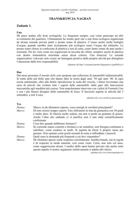 ARKUSZE CKE - Matura j. włoski - poziom rozszerzony 2019