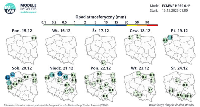 Pogoda IMGW na drugą połowę grudnia - opady