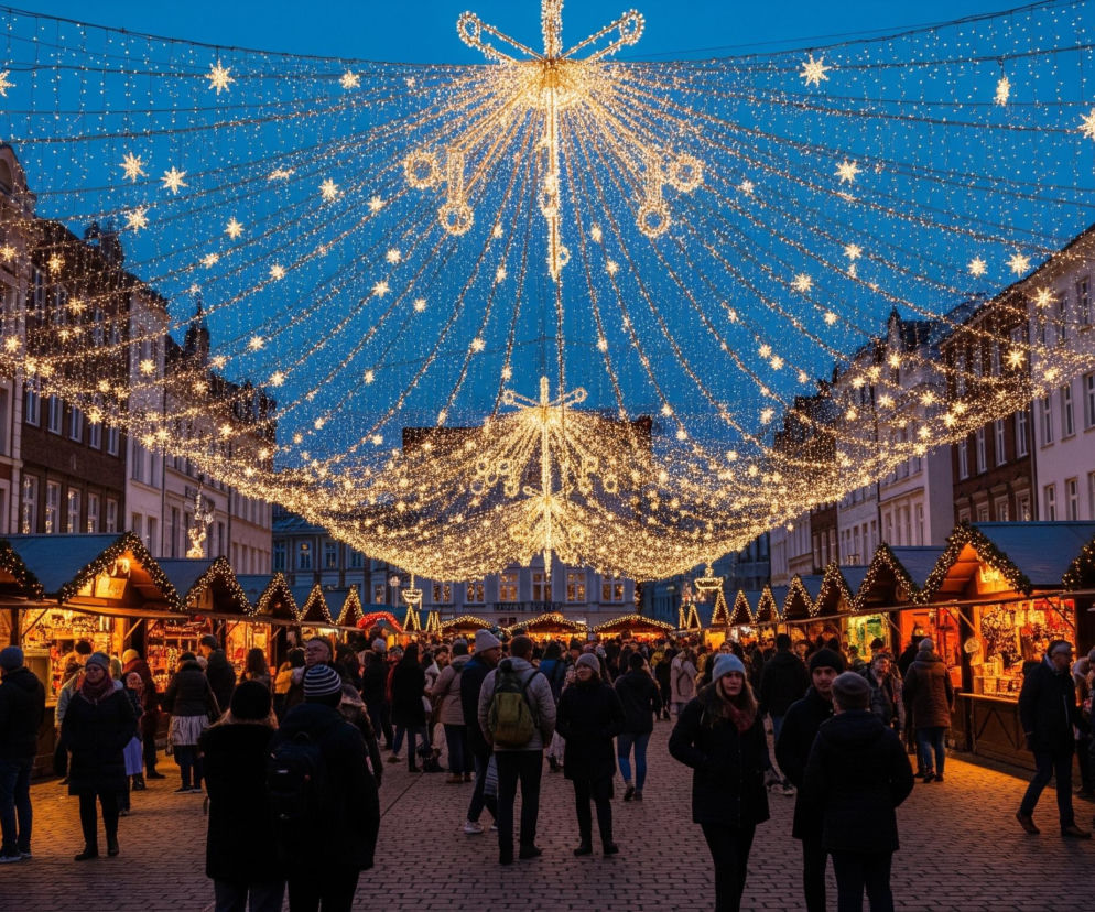Ulica pełna jest ciepłych światełek bożonarodzeniowych, zwieszających się z góry w kształcie dużych, rozłożystych kokard i girland ozdobionych gwiazdkami, oświetlając duży tłum ludzi przechadzających się po jarmarku. Po obu stronach ulicy stoją rzędy drewnianych straganów z jasnymi, kolorowymi produktami, a za nimi widać fasady wysokich, tradycyjnych budynków. Niebo ma głęboki, granatowy kolor zmierzchu, który pięknie kontrastuje z mnóstwem złotych świateł.