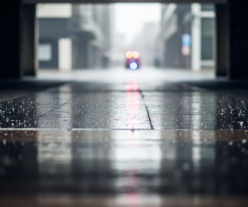 Deszcz pada na ciemny asfalt lub beton, tworząc liczne, jasne kropelki rozrzucone po powierzchni, która odbija otoczenie. W centralnej części kadru biegnie pozioma, grubsza, jasnożółta linia, równoległa do dolnej krawędzi obrazu, z której rozciąga się również czerwone i niebieskie światło odbite w kałuży. W oddali, w rozmazanym tle, widoczne są światła pojazdu: dwa okrągłe, pomarańczowe światła u góry i jedno okrągłe, niebieskie światło poniżej nich. Całość kadru jest otoczona ciemnymi, niewyraźnymi elementami architektonicznymi, sugerującymi tunel lub przejście pod budynkiem.