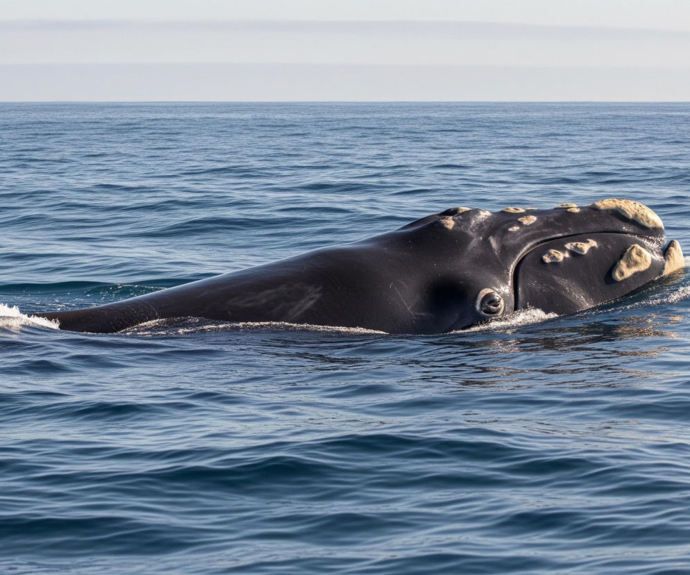 Wielki, ciemnoszary wieloryb z jasnymi naroślami na głowie wynurza się z błękitnej wody, płynąc w prawo. Jego gładka skóra odbija światło, a wokół jego ciała widać delikatne fale i rozpryski wody. Na horyzoncie rozciąga się jasne, mgliste niebo nad spokojną, ciemnobłękitną powierzchnią oceanu.