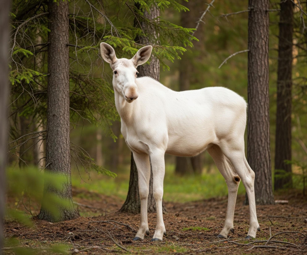 Łoś o jasnym, niemal białym futrze stoi na tle sosnowego lasu. Zwierzę, z szerokimi uszami i wydłużonym pyskiem, skierowane jest w stronę widza, lekko odchylając głowę w prawo. Tło tworzą ciemnobrązowe pnie drzew iglastych z zielonymi gałęziami, a ziemia pokryta jest suchymi igłami i drobnymi gałązkami.