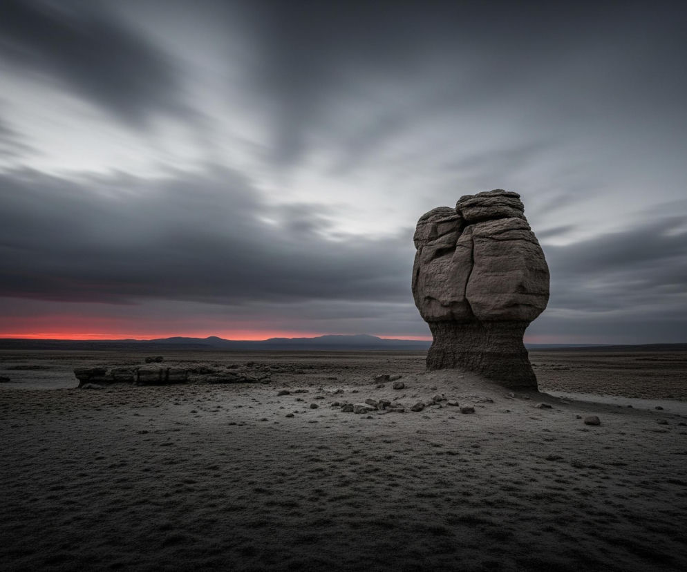 Na pierwszym planie, po prawej stronie, wznosi się duża, beżowo-szara formacja skalna o nieregularnym kształcie, przypominająca grzyb lub pięść, z widocznymi warstwami. Podłoże to piaszczysto-żwirowa, szarobrązowa równina, z porozrzucanymi mniejszymi kamieniami u podstawy głównej skały. Horyzont przecina wąska linia intensywnego, pomarańczowo-czerwonego światła zachodzącego słońca, kontrastując z dominującym, burzowym, szaro-czarnym niebem, na którym smugi chmur rozciągają się horyzontalnie, tworząc efekt rozmycia. W tle, na horyzoncie, widać zarysy odległych, ciemnych wzgórz.