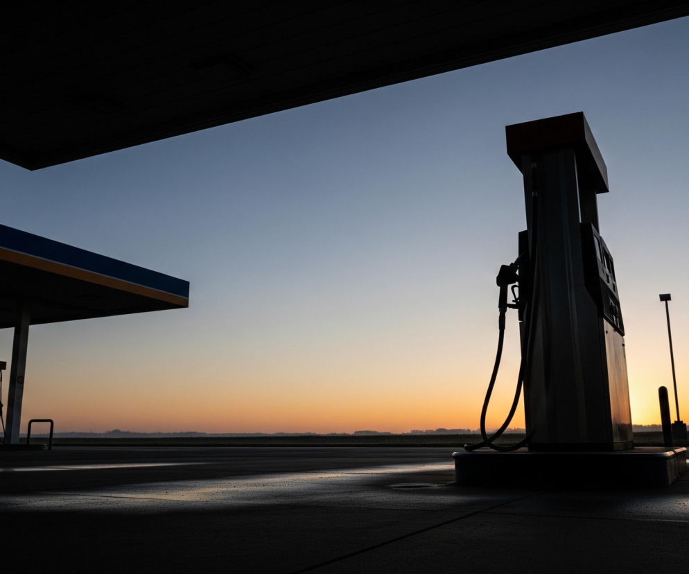 Ciemna sylwetka dystrybutora paliwa dominuje prawą stronę kadru, z widocznymi przewodami i pistoletami, na tle rozświetlonego zachodzącym lub wschodzącym słońcem horyzontu. Po lewej stronie widać fragment dachu stacji benzynowej w ciemnej tonacji, pod którym znajduje się kolejny daszek stacji z niebieskimi i żółtymi elementami. Na ziemi widoczne są kałuże i mokre plamy, odbijające blade światło nieba, które przechodzi od błękitu na górze do jasnego pomarańczu i żółci w dole, ponad ciemną linią lasu na horyzoncie.