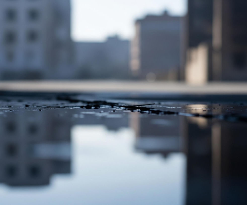 Na pierwszym planie widoczne jest pęknięte, ciemne podłoże z kałużą wody, w której odbijają się zamazane kształty budynków. Odbicia są jaśniejsze, w odcieniach szarości i błękitu, z widocznymi zarysami okien. W tle, powyżej horyzontu wyznaczonego przez kałużę, znajdują się niewyraźne, szare budynki na tle jasnego nieba.