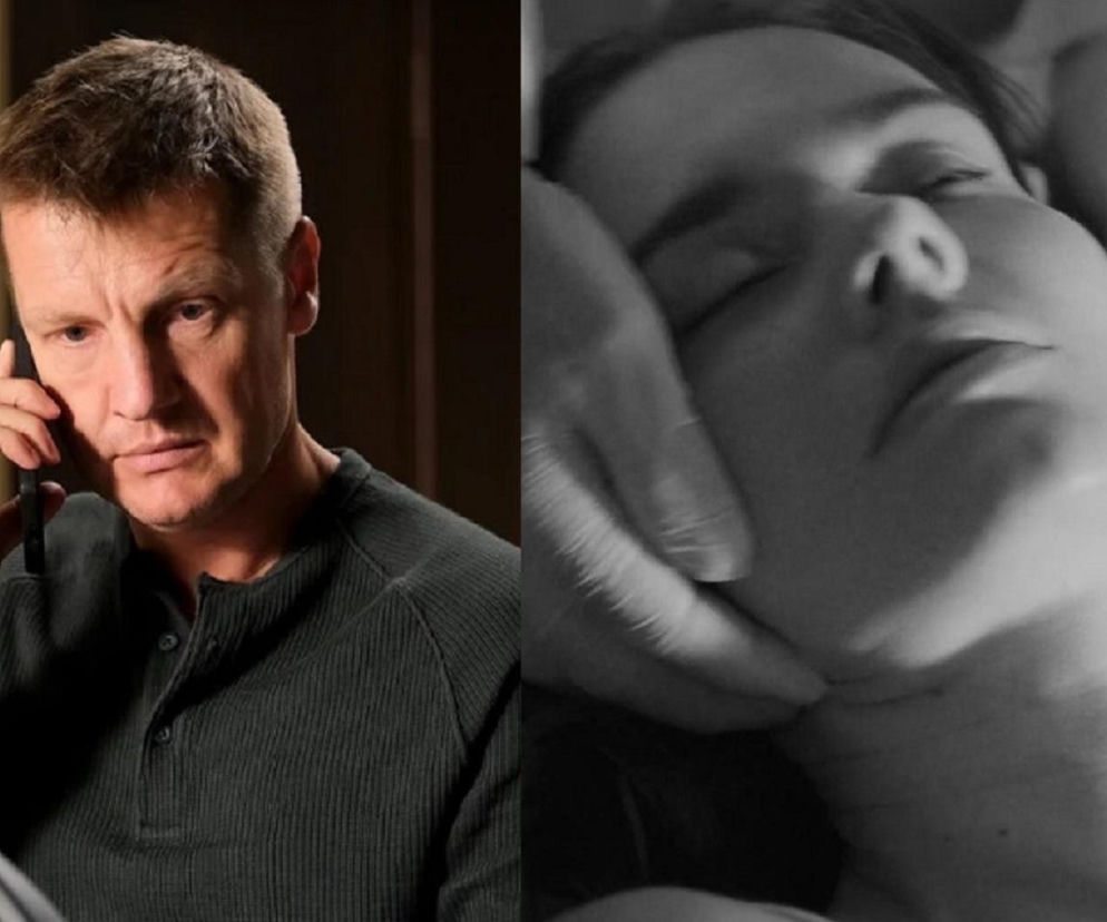 Paweł Zduński (Rafał Mroczek) rozmawia przez telefon z zatroskaną miną, a obok, na czarno-białym zdjęciu, widzimy twarz Franki (Dominika Kachlik) z zamkniętymi oczami, którą ktoś delikatnie trzyma za podbródek. Więcej o dramatycznych losach bohaterów serialu M jak miłość przeczytasz na Super Seriale.