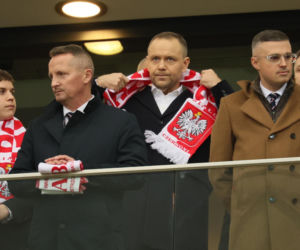 Karol Nawrocki na meczu Polska - Albania