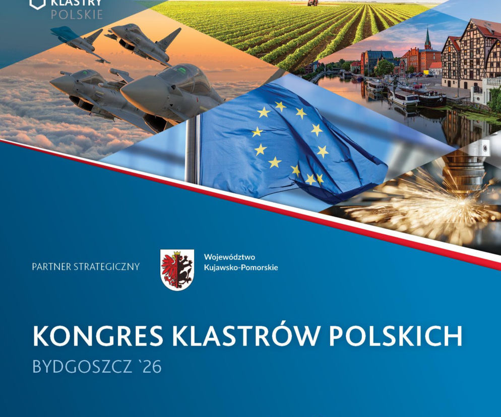 Grafika 12. Kongresu Klastrów Polskich w Bydgoszczy. Zdjęcia pokazują myśliwce, pola uprawne, zabytki Bydgoszczy i przemysł. O szczegółach wydarzenia przeczytasz na SE Portal Obronny.