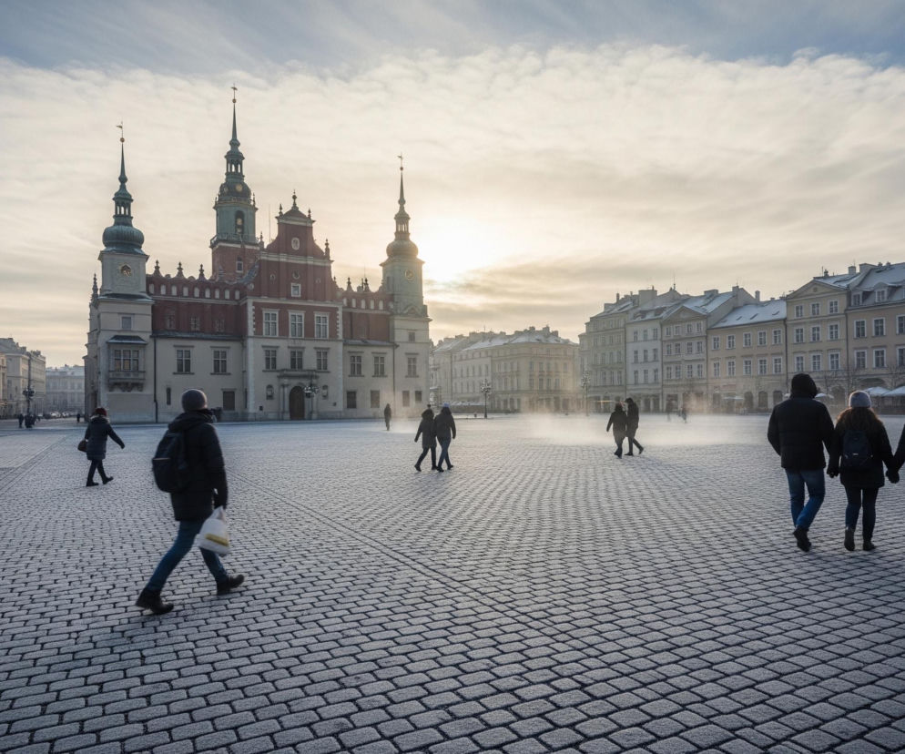 W mroźny, słoneczny dzień, na brukowanym placu ośnieżonym cienką warstwą szronu, kilkanaście osób ubranych w zimowe kurtki przemieszcza się w różnych kierunkach. Na horyzoncie, pod jasnym, częściowo zachmurzonym niebem, dominuje monumentalny ratusz o ceglastoczerwonej fasadzie i trzech zielono-białych wieżach z iglicami. Po jego lewej i prawej stronie, wzdłuż placu, rozciągają się rzędy kamienic o różnokolorowych fasadach i dachach pokrytych śniegiem. Słońce, ukryte za chmurami, rzuca długie cienie i oświetla budynki ciepłym, złotym blaskiem.