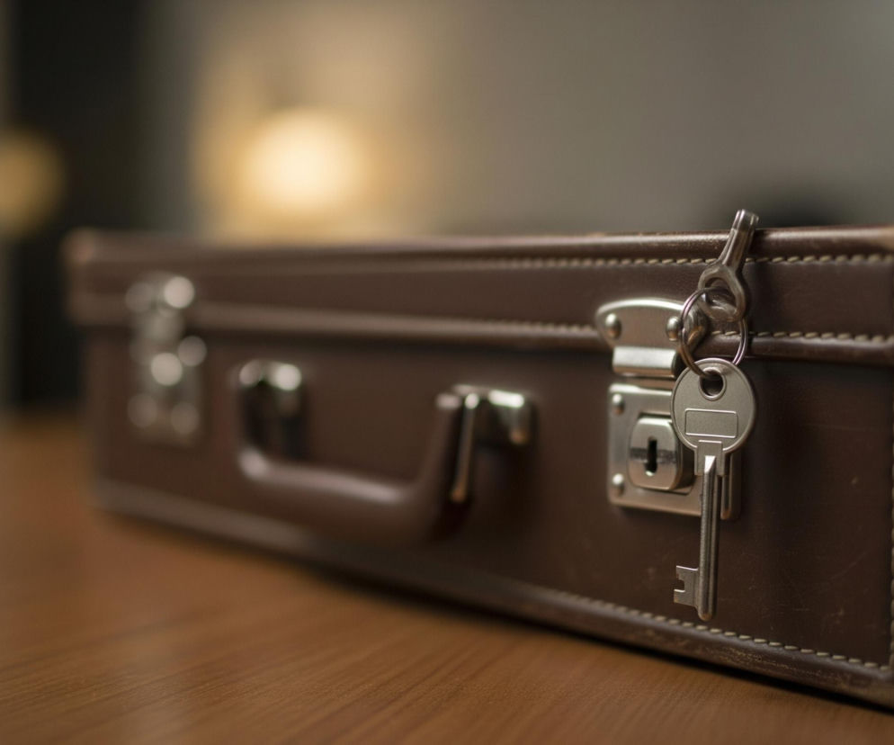 Ciemnobrązowa skórzana teczka lub neseser leży na drewnianym blacie, lekko przechylona w prawą stronę. Do jednego z metalowych zamków teczki przypięty jest srebrny klucz na kółku, który zwisa pionowo w dół. Na teczce widoczne są jasne przeszycia, a jej boki i rączka są wyraźnie zarysowane. Tło za teczką jest rozmyte, z jasnym, ciepłym światłem pośrodku.