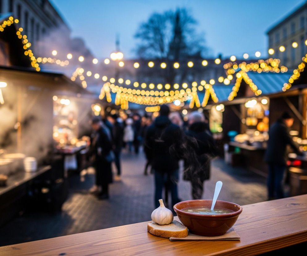 Na drewnianym blacie stołu, na pierwszym planie, stoi brązowa miska z parującą zupą i białą łyżką. Obok niej leży kromka pieczywa z główką czosnku na wierzchu. Tło przedstawia rozmyty, wieczorny jarmark z licznymi straganami ozdobionymi ciepłymi, żółtymi lampkami, tworzącymi świetlne girlandy. Widać sylwetki ludzi, a nad straganami unosi się para, sugerując niską temperaturę.