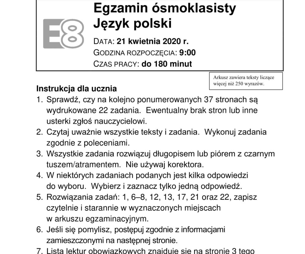 Egzamin ósmoklasisty 2020 - arkusz egzaminacyjny z jęz. polskiego