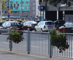 Kwietniki na przystanku tramwajowym na Bramie Portowej