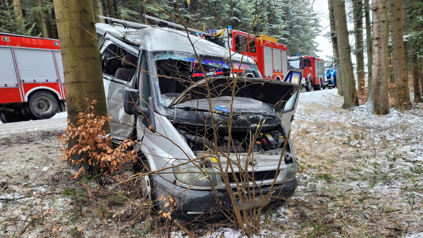 Potworny wypadek pod Krynicą-Zdrój! Nie żyje 32-latek ze Słowacji. Bus z 4 osobami rozbił się o drzewo [ZDJĘCIA]