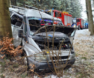 Potworny wypadek pod Krynicą-Zdrój! Nie żyje 32-latek ze Słowacji. Bus z 4 osobami rozbił się o drzewo [ZDJĘCIA]