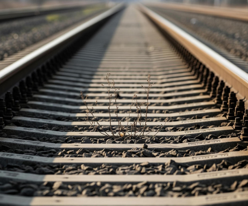 Dwa tory kolejowe rozciągają się w dal, zbiegając się na horyzoncie. Na pierwszym planie, między torami, rośnie kępka suchych, drobnych roślin. Szyny i podkłady kolejowe są oświetlone ciepłym światłem, rzucając długie cienie na ciemne kamienie tłucznia.