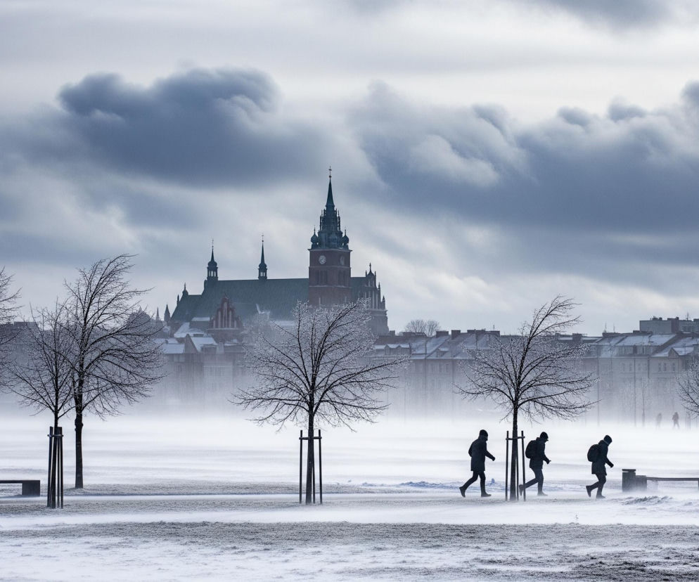 Trzech ludzi, przedstawionych jako ciemne sylwetki, idzie w prawo, zmagając się z silnym wiatrem unoszącym śnieg, widocznym jako biała mgła na wysokości ich łydek. Ich sylwetki kontrastują z jasnym, śnieżnym podłożem, które w dalszej perspektywie staje się jaśniejsze, tworząc efekt zamglenia. W tle dominują ciemne, bezlistne drzewa z oszronionymi gałęziami, a za nimi rozciąga się miejska panorama z wysokim kościołem o ciemnym, zielonkawym dachu i spiczastą wieżą z zegarem, oraz szeregiem budynków, z których niektóre mają dachy pokryte śniegiem. Całość sceny znajduje się pod pochmurnym niebem, pełnym szarych, zbitych chmur.