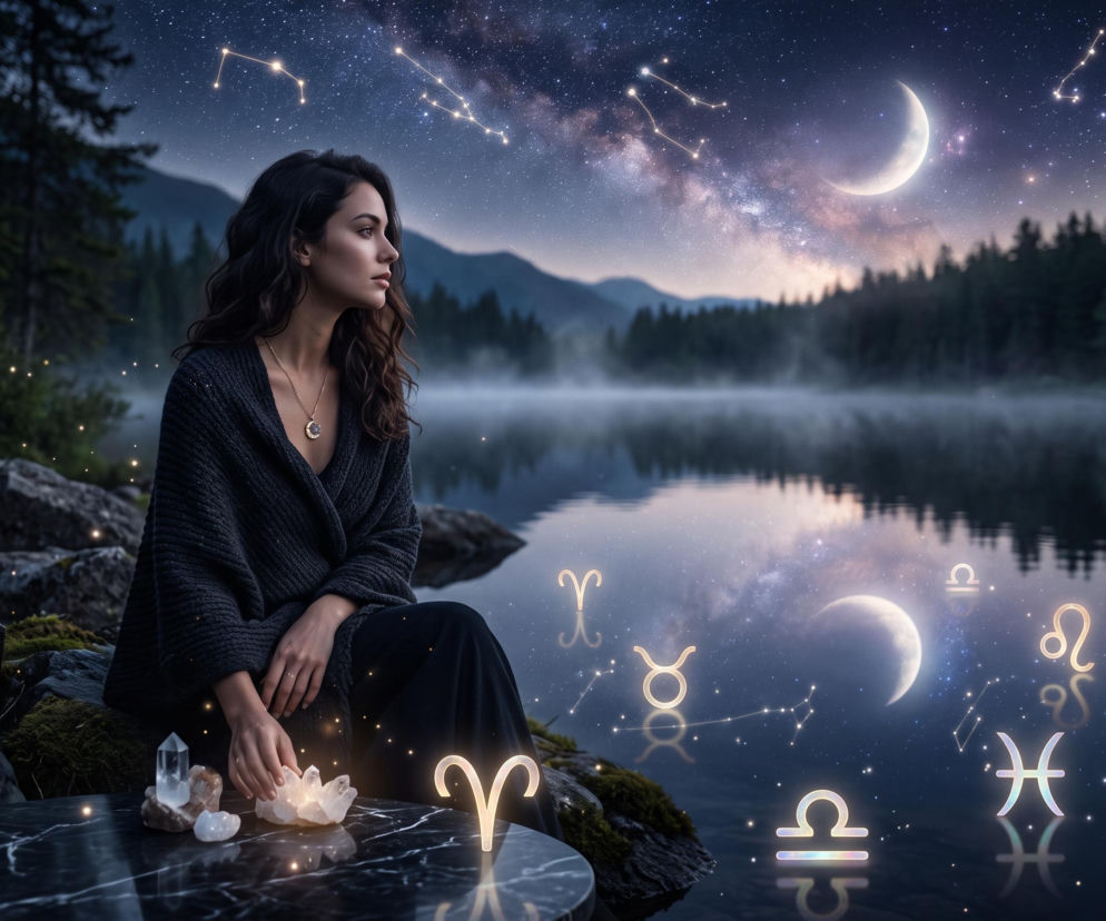 Kobieta nad jeziorem nocą, obok świecące znaki zodiaku i Księżyc. O horoskopie dziennym przeczytasz na SE.