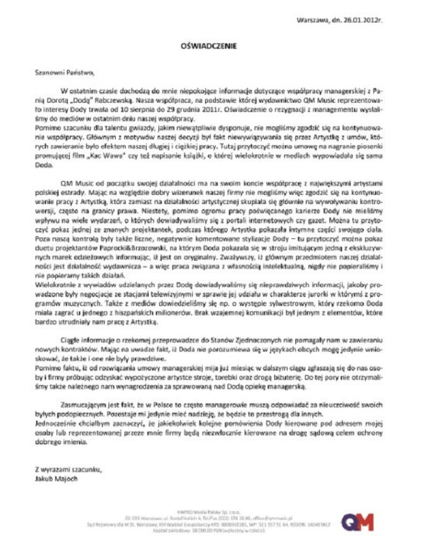 Oświadczenie Jakuba Majocha ws. współpracy z Dodą