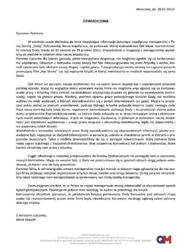 Oświadczenie Jakuba Majocha ws. współpracy z Dodą