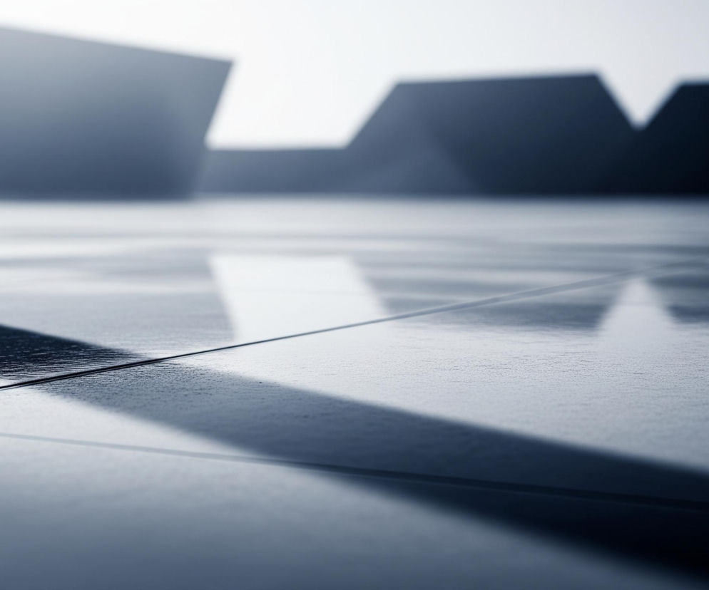 Płaskie, geometryczne kształty układają się wzdłuż poziomej linii, tworząc szarą przestrzeń, która przechodzi w jasną, niemal białą poświatę u góry. Dolna część kadru to ciemnoszara, lekko błyszcząca powierzchnia z wyraźnymi, ciemnymi liniami dzielącymi ją na prostokątne segmenty. Na tej powierzchni widoczne są odbicia światła i cieni, tworzące dynamiczne pasy. Całość utrzymana jest w chłodnej tonacji szarości i błękitu.