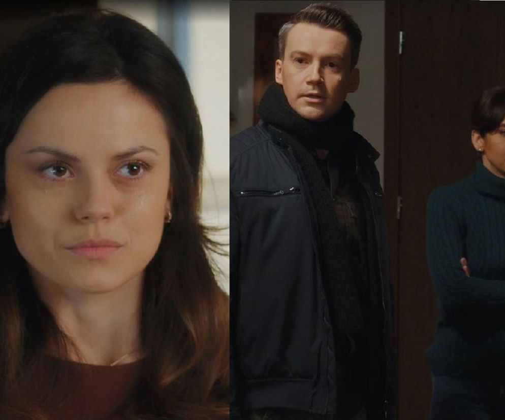 Kasia (Paulina Lasota) ze łzami w oczach, Jakub Karski (Krzysztof Kwiatkowski) w ciemnej kurtce i szaliku oraz Martyna (Magdalena Turczniewicz) w zielonym golfie. Scena z serialu M jak miłość, gdzie na Super Seriale poznasz kulisy kłamstwa Kasi o ojcostwie jej dziecka.